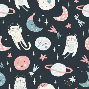 Seamless childish pattern with cat astronauts in space. Trendy colorful Illustrazione stock