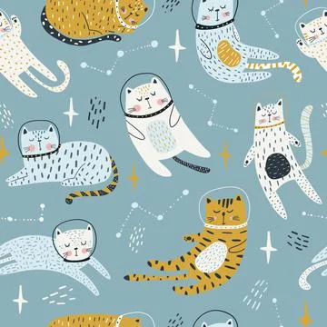 Seamless childish pattern with cat astronauts in space. Trendy colorful Illustrazione stock