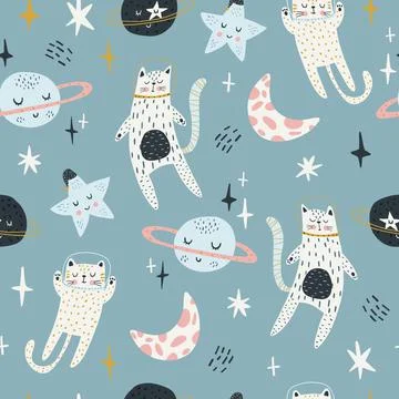 Seamless childish pattern with cat astronauts in space. Trendy colorful Stock Illustration