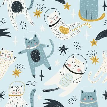 Seamless childish pattern with cat astronauts in space. Trendy colorful Illustrazione stock