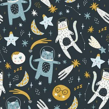Seamless childish pattern with cat astronauts in space. Trendy colorful Stock Illustration