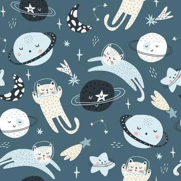 Seamless childish pattern with cat astronauts in space. Trendy colorful Stock Illustration