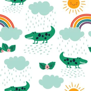 Seamless childish pattern with crocodile, rainbow, rain clouds and the sun Stock Illustration