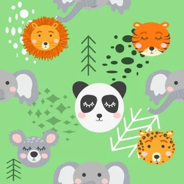 Seamless childish pattern with cute animal faces. Creative nursery background Stockillustratie