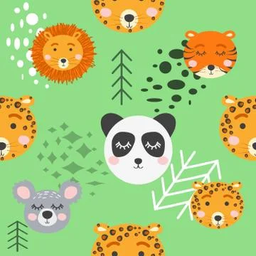 Seamless childish pattern with cute animal faces. Creative nursery background イラスト素材