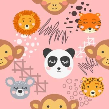 Seamless childish pattern with cute animal faces. Creative nursery background 스톡 일러스트