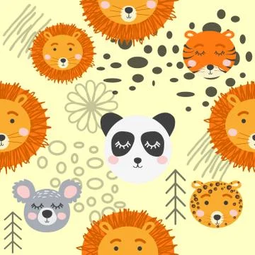 Seamless childish pattern with cute animal faces. Creative nursery background Stock Illustration