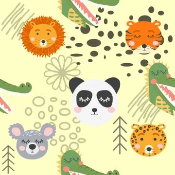 Seamless childish pattern with cute animal faces. Creative nursery background イラスト素材