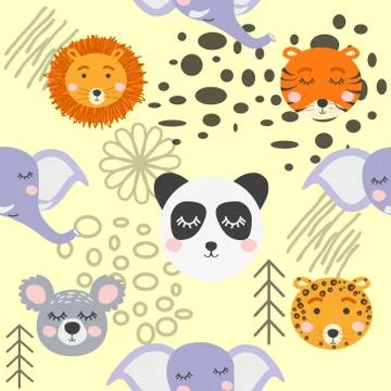 Seamless childish pattern with cute animal faces. Creative nursery background Stock Illustration