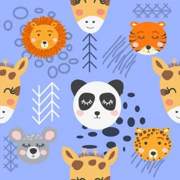 Seamless childish pattern with cute animal faces. Creative nursery background 스톡 일러스트