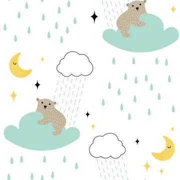 Seamless childish pattern with cute bear on the rainy cloud. Hand drawn vector Stock Illustration