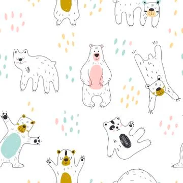 Seamless childish pattern with cute bear. vector hand draw doodle comic art 库存插图