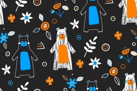 Seamless childish pattern with cute bears in the wood. Creative universal Stock Illustration