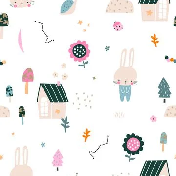 Seamless childish pattern with cute bunny character, house, star, flower,moon Stock Illustration