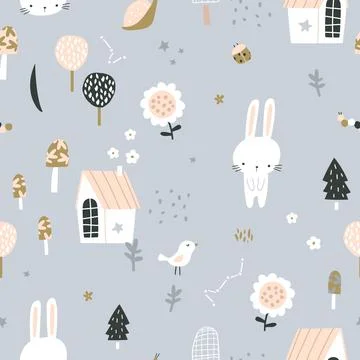 Seamless childish pattern with cute bunny character, house, star, flower,moon Stock Illustration