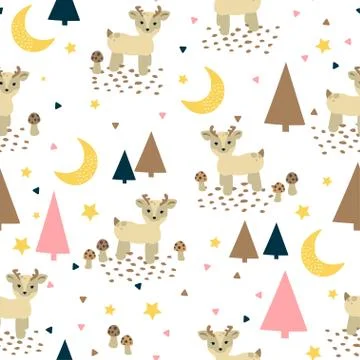 Seamless childish pattern with cute deer and fir trees. Creative kids texture 스톡 일러스트