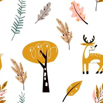 Seamless childish pattern with cute deer in the wood. Forest elements and hand Stock Illustration