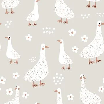 Seamless childish pattern with cute gooses on the meadow. Stock Illustration