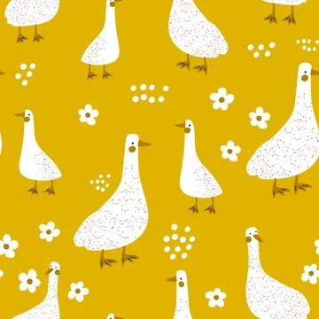 Seamless childish pattern with cute gooses on the meadow. Stock Illustration