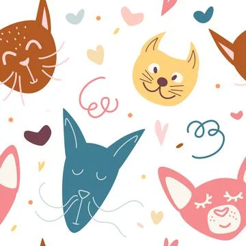 Seamless childish pattern with cute hand drawn face cats. Creative kids hand Stock Illustration