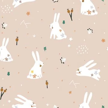Seamless childish pattern with cute hand drawn rabbits and botanical elements Stock Illustration