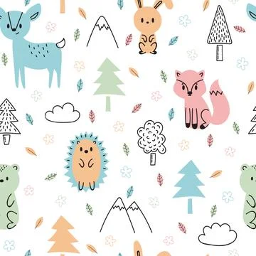 Seamless childish pattern with cute hand drawn forest animals. Design textu.. Stock Illustration