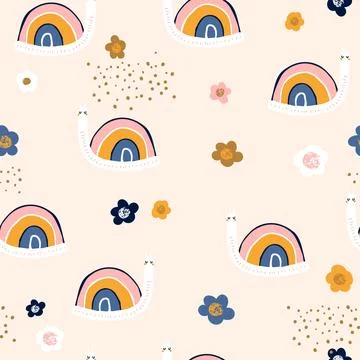 Seamless childish pattern with cute rainbow snail and flowers Stock Illustration