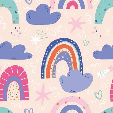Seamless childish pattern with cute rainbows and rain clouds in doodle style Illustrazione stock