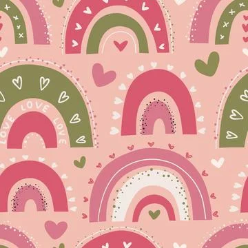 Seamless childish pattern with cute rainbows and rain clouds in doodle style Illustrazione stock