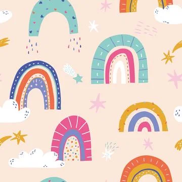 Seamless childish pattern with cute rainbows and rain clouds in doodle style Illustrazione stock
