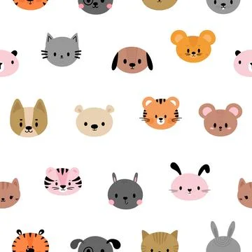 Seamless childish pattern with cute smiley animal faces. Creative baby text.. Stock Illustration