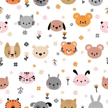 Seamless childish pattern with cute smiley animal faces. Creative baby text.. Stock Illustration