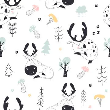 Seamless childish pattern with deers and moose. Forest Creative children texture Stock Illustration