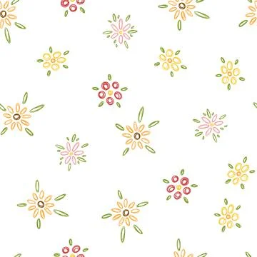 Seamless childish pattern with doodle flowers on white background. Vector Stock Illustration