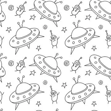 Seamless childish pattern with Flying Saucers, UFO, cute aliens. Vector backg 스톡 일러스트