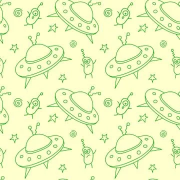 Seamless childish pattern with Flying Saucers, UFO, cute aliens. Vector backg Stock Illustration