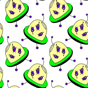 Seamless childish pattern with Flying Saucers, UFO, cute aliens. Vector backg 스톡 일러스트