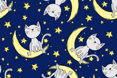Seamless childish pattern with funny cats on moon and stars. Creative kids hand Illustrazione stock