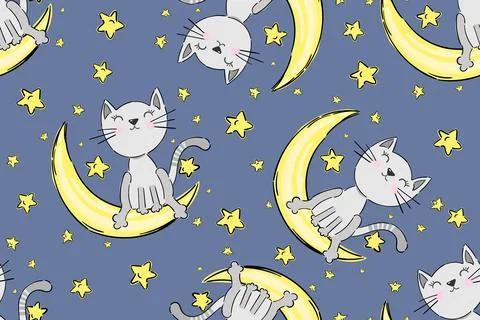 Seamless childish pattern with funny cats on moon and stars. Creative kids hand Illustrazione stock