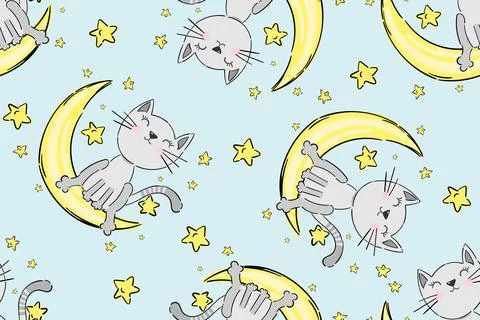 Seamless childish pattern with funny cats on moon and stars. Creative kids hand イラスト素材