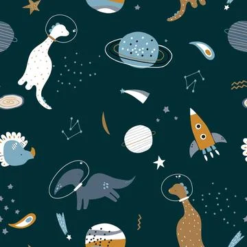 Seamless childish pattern with funny dino in a helmet in the space. Stock Illustration