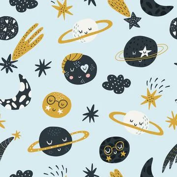 Seamless childish pattern with funny planet characters. Trendy space texture for Stock Illustration