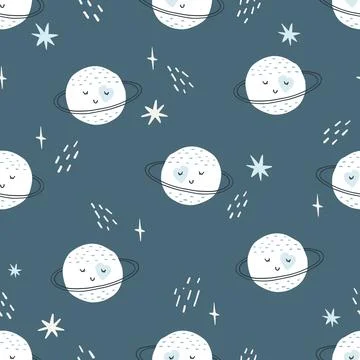 Seamless childish pattern with funny planet characters. Trendy space texture for Stock Illustration