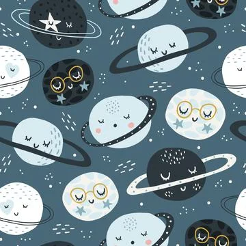 Seamless childish pattern with funny planet characters. Trendy space texture for Stock Illustration