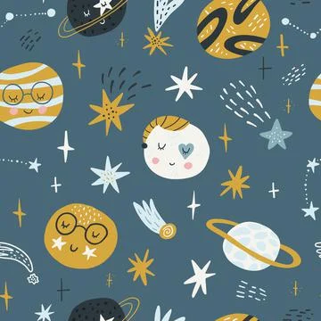 Seamless childish pattern with funny planet characters. Trendy space texture for Stock Illustration