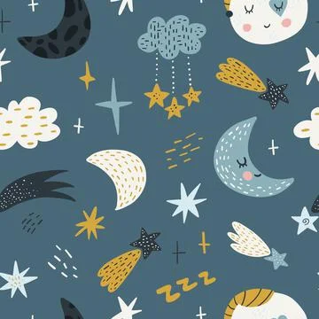 Seamless childish pattern with funny planet characters. Trendy space texture for Stock Illustration