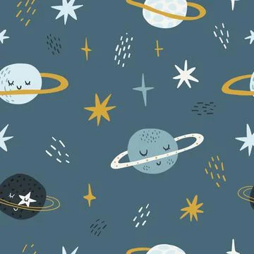 Seamless childish pattern with funny planet characters. Trendy space texture for Stock Illustration