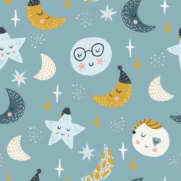 Seamless childish pattern with funny planet characters. Trendy space texture for Stock Illustration