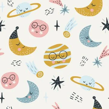 Seamless childish pattern with funny planet characters. Trendy space texture for Stock Illustration