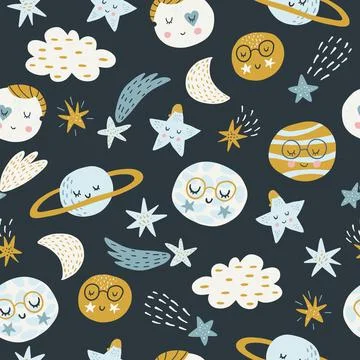 Seamless childish pattern with funny planet characters. Trendy space texture for Stock Illustration